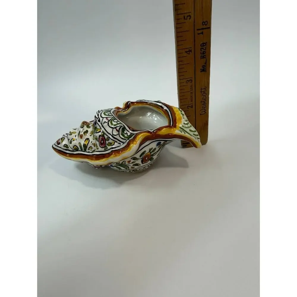 Italian Pottery Cornucopia Vase Hand Painted Ceramic Floral Italy Signed